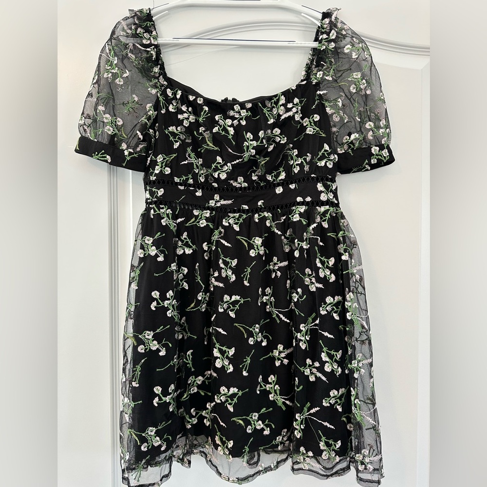 Lulu’s Radiant Love Black Floral Embroidered Short Sleeve Skater Dress